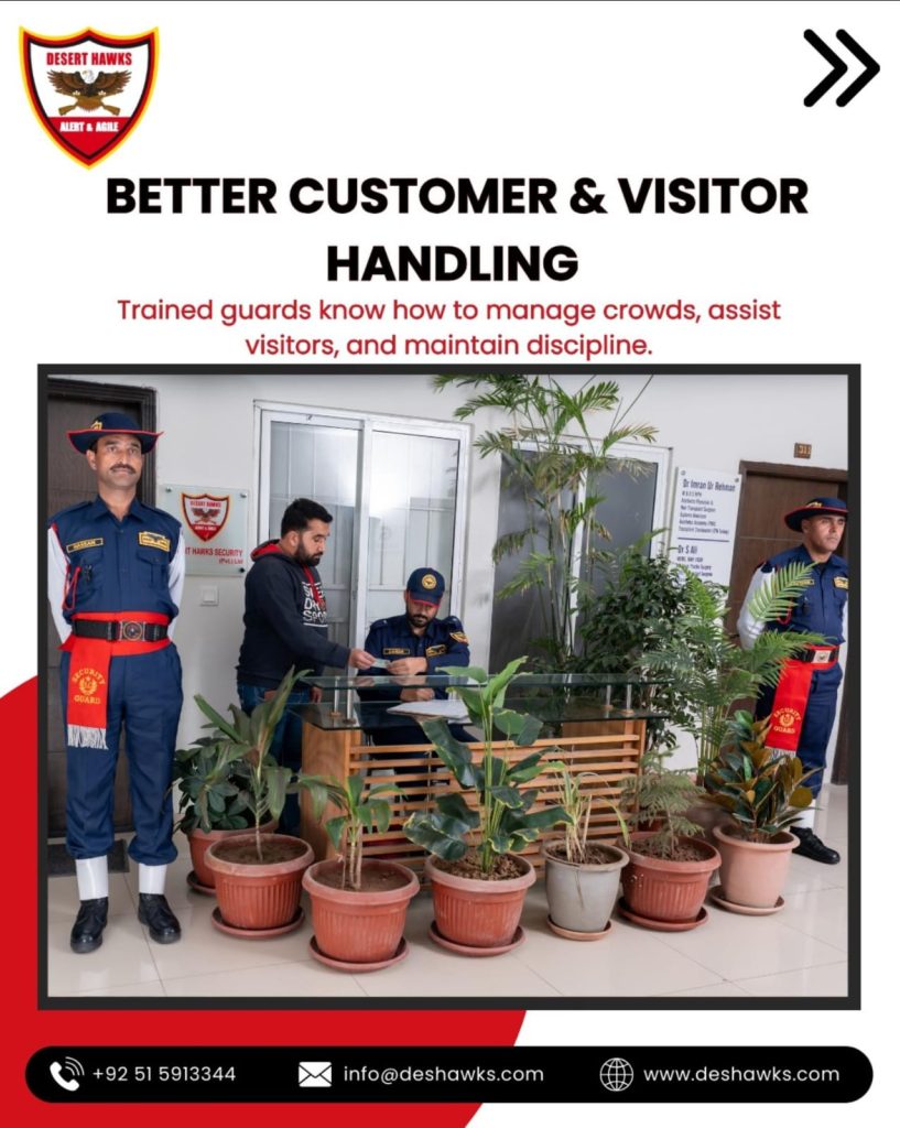 Security guard checking visitors at a business entrance in Pakistan