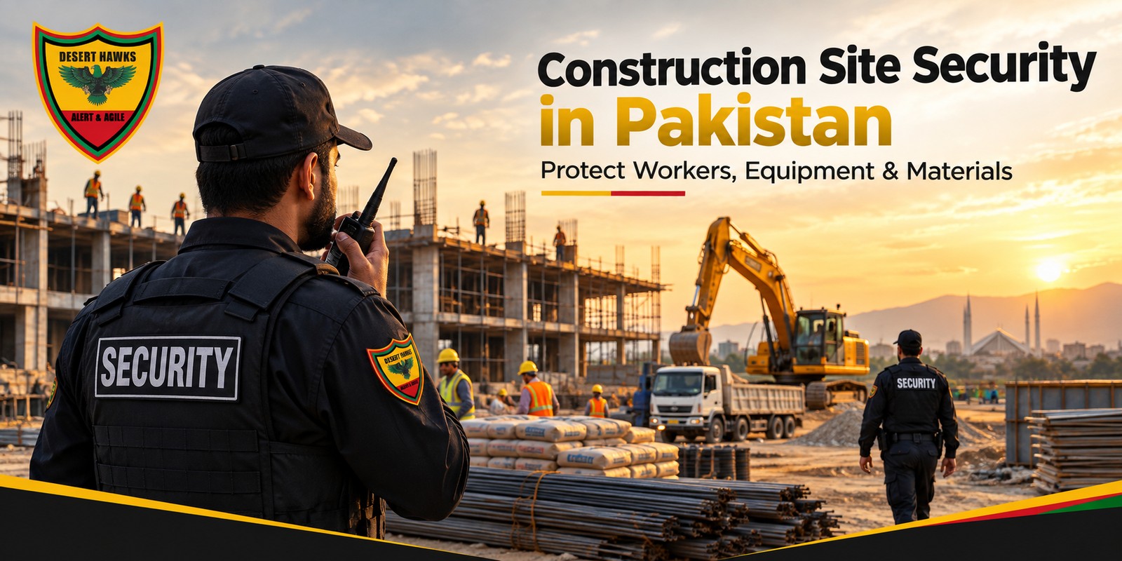 Construction site security guards protecting equipment and materials in Pakistan